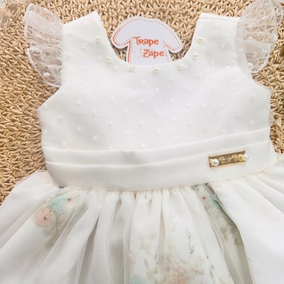  Vestido com Pérolas e Jardim de Flores - Off White e Verde
